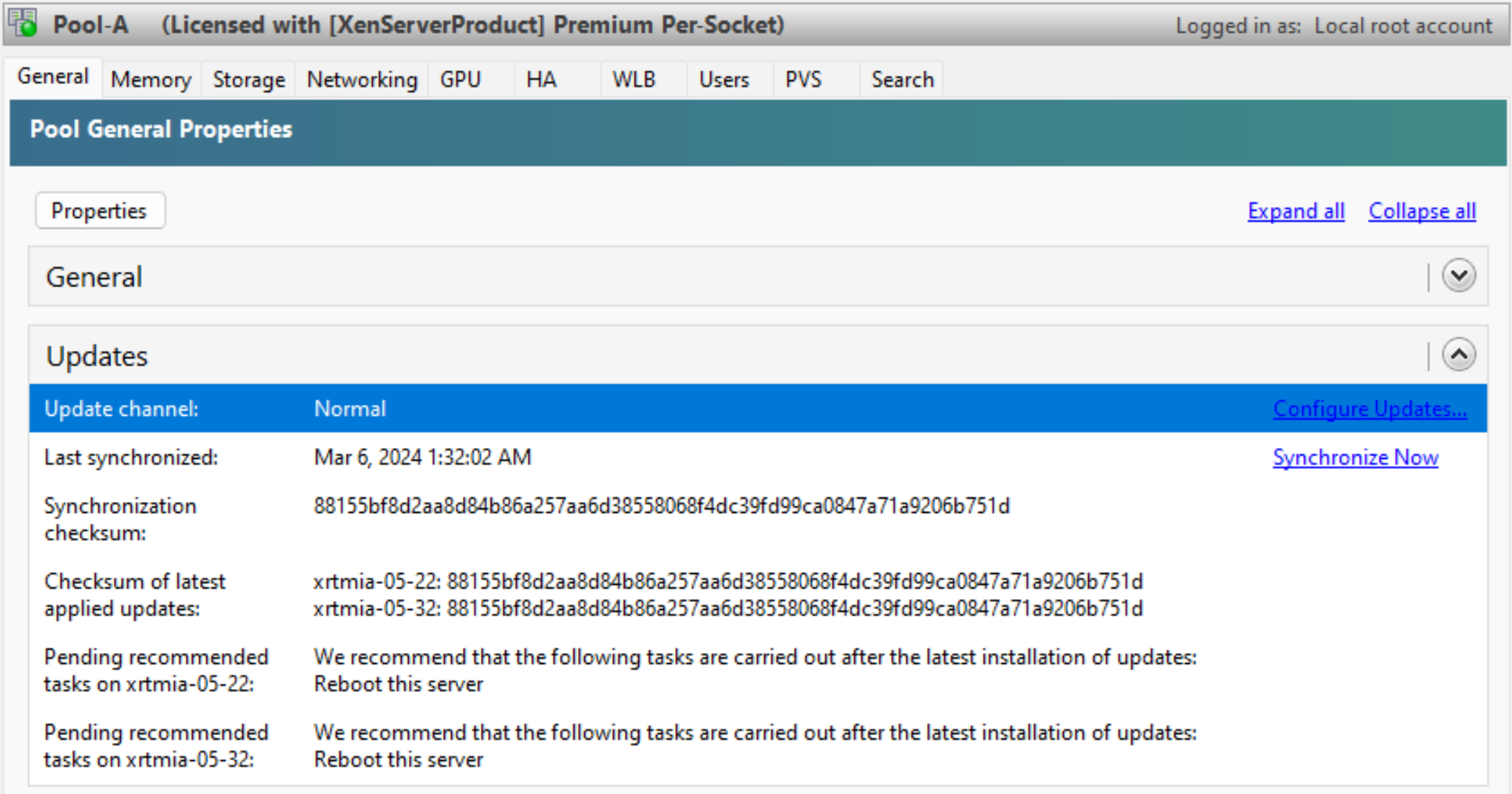 The pending update tasks for a pool