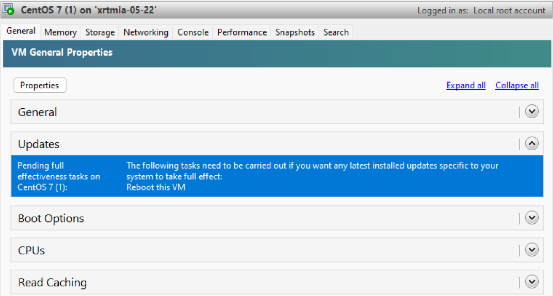 The pending update tasks for a VM
