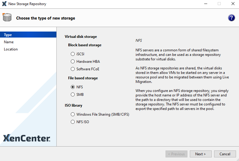 The New Storage wizard. On the Type panel, the NFS option is selected.