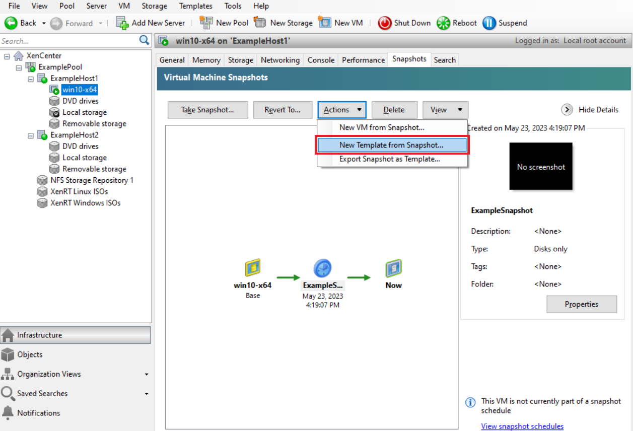 The XenCenter application. In the Resources pane, a VM is selected. In the main window, the Snapshots tab is open.
