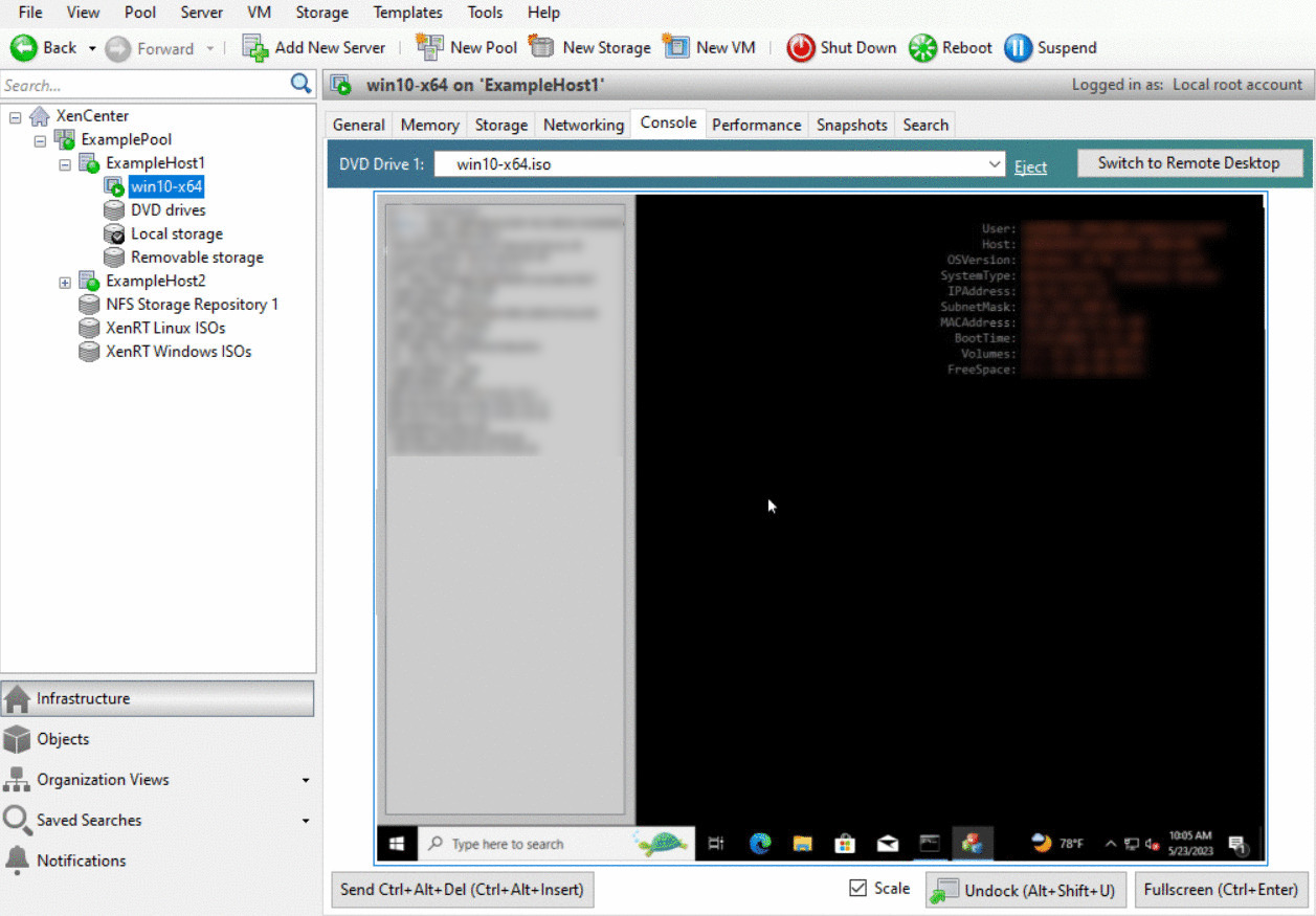 The XenCenter application. In the Resources pane, the VM is selected. In the main window, the Console tab is open. The Windows desktop is visible in the panel.