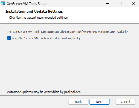 XenServer VM Tools installer with the default update settings selected
