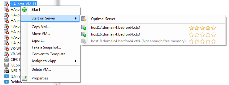 This illustration shows a screen capture of the Start On Server feature. More stars appear beside host17 since this host is the optimal host on which to start the VM. host16 does not have any stars beside it, which indicates that host is not recommended. However, since host16 is enabled the user can select it. host18 is grayed out due to insufficient memory, so the user cannot select it.