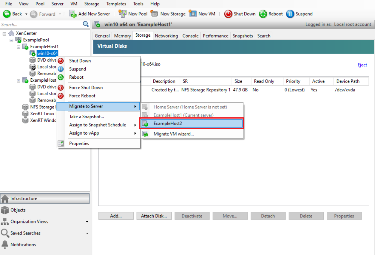 The XenCenter application. The context menu for a VM is open. Migrate to Server submenu is selected and a list of available servers is displayed.