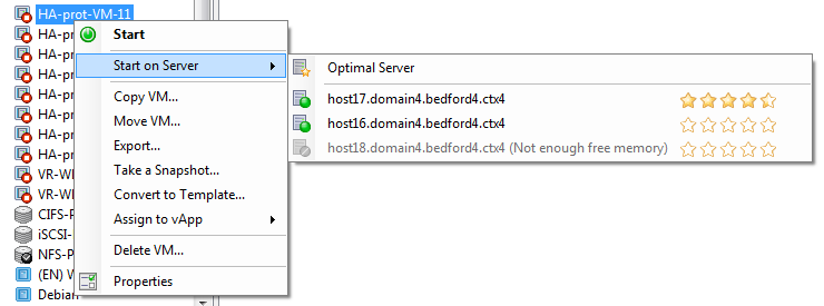  This illustration shows a screen capture of the Start On Server feature. More stars appear beside host17 since this host is the optimal host on which to start the VM. host16 does not have any stars beside it, which indicates that host is not recommended. However, since host16 is enabled the user can select it. host18 is grayed out due to insufficient memory, so the user cannot select it. 