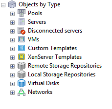 A tree structure with Objects By Type at the top and expandable nodes beneath it with the following labels: Pools, Servers, Disconnected servers, VMs, Custom Templates, XenServer Templates, Remote Storage Repositories, Local Storage Repositories, Virtual Disks, Networks.