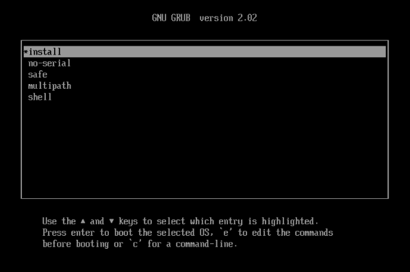A GRUB boot menu - multipath is the fourth option.