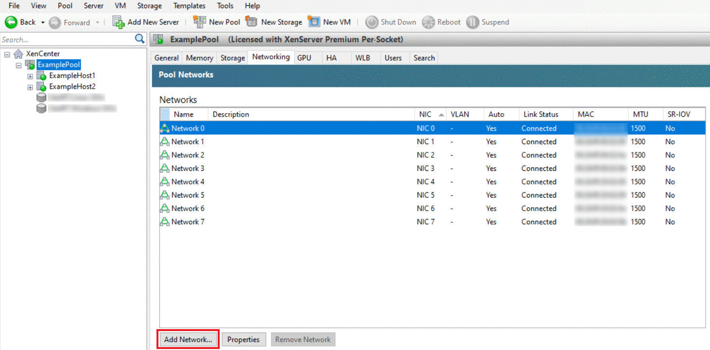 The XenCenter console showing the Network tab for the pool in the main window.