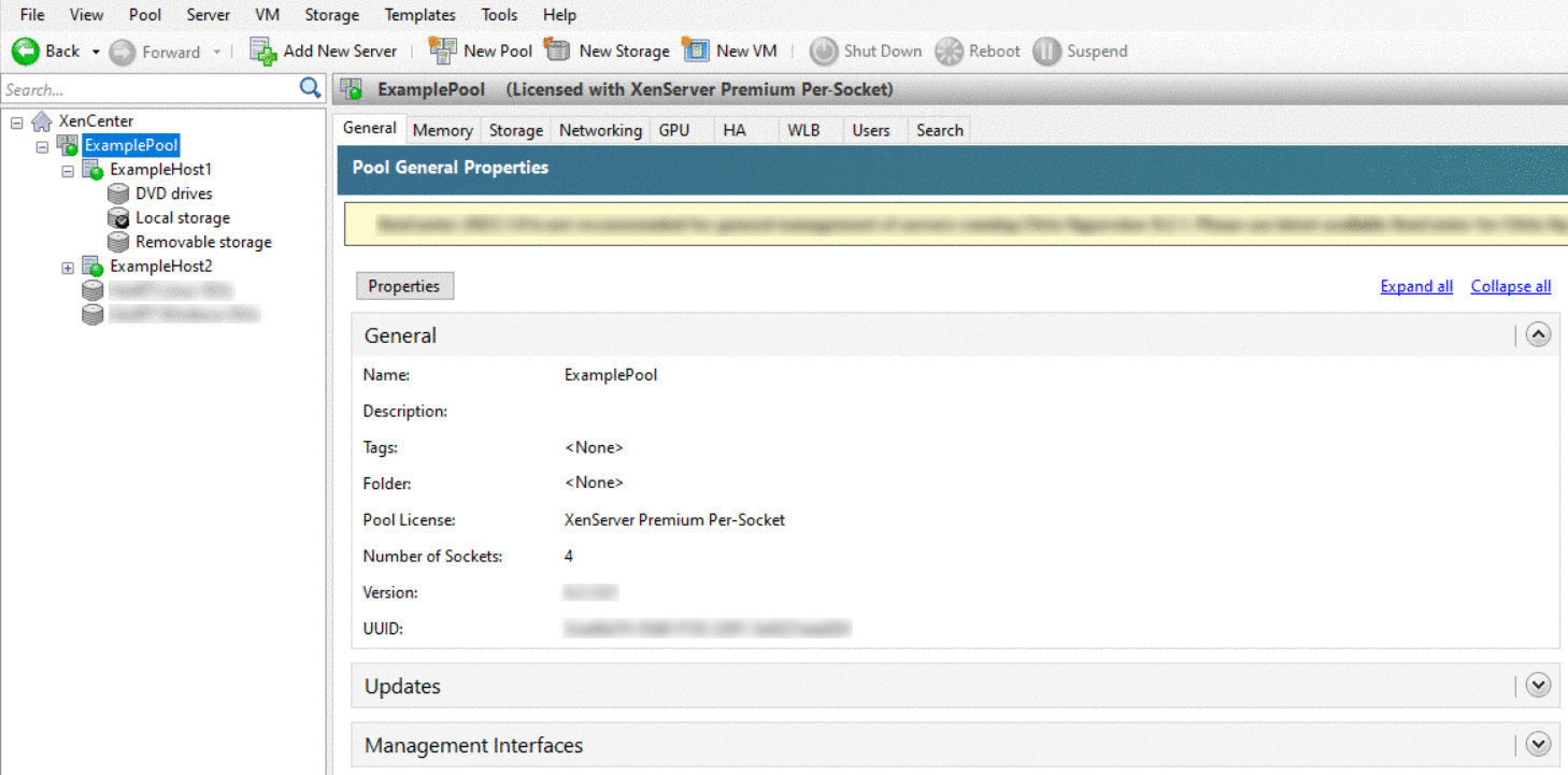 The XenCenter home screen showing a pool in the Navigation pane.