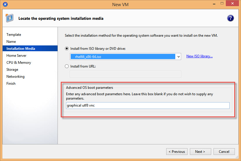 A screenshot of the New VM wizard. On the Installation Media page, the value `graphical utf8 vnc` is entered in the Advanced OS Boot Parameters field.