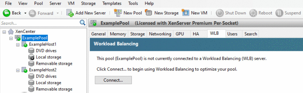 XenCenter-GUI mit geöffnetem WLB-Bedienfeld.
